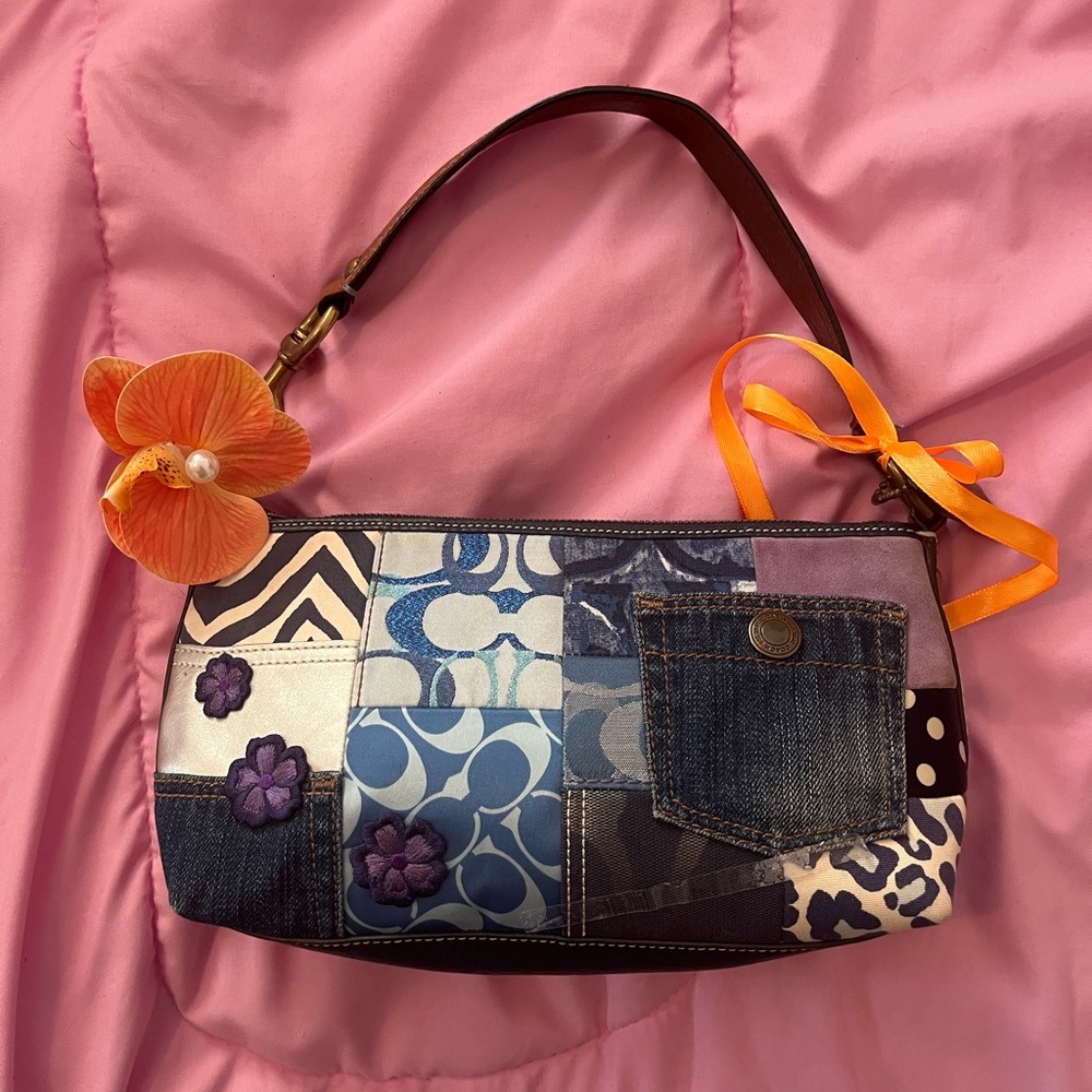 Coach Blue Patchwork Shoulder Bag with Orange Floral Accessories
